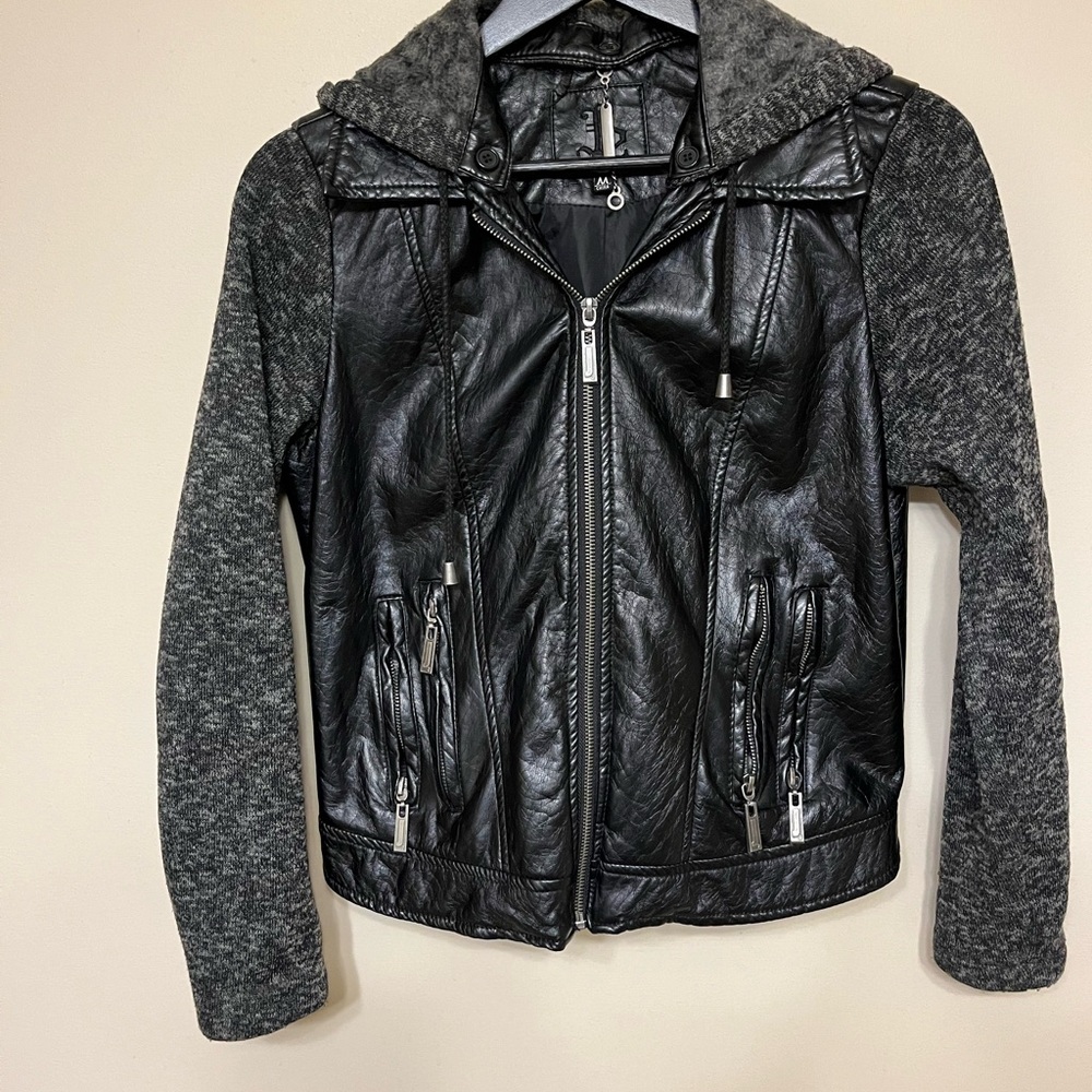 Black Vegan Leather Jacket with Gray Knit Sleeves and hoodie, juniors medium